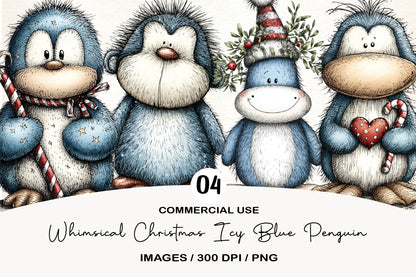 Whimsical Christmas Icy Blue Penguin Clipart PNG Bundle | Cute Watercolor Winter Penguin Clipart | Frosted Holiday Penguin PNG
