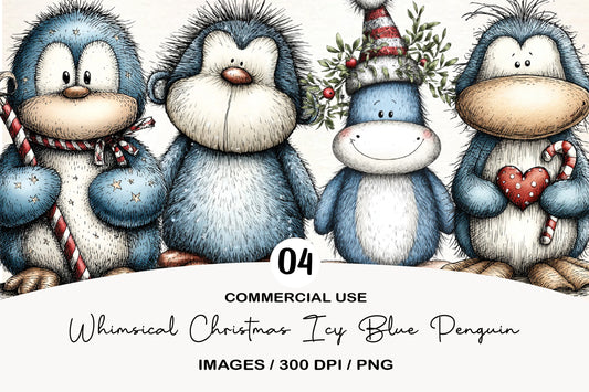 Whimsical Christmas Icy Blue Penguin Clipart PNG Bundle | Cute Watercolor Winter Penguin Clipart | Frosted Holiday Penguin PNG