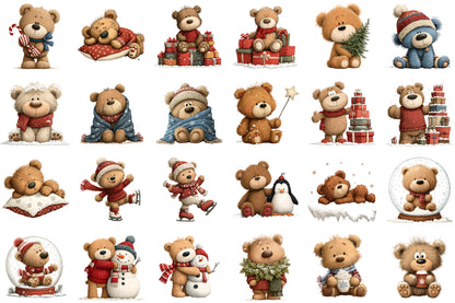 Whimsical Christmas Teddy Bear Clipart Cute Holiday Bear PNG Bundle