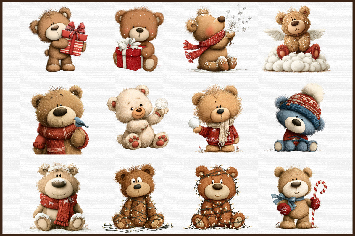 Whimsical Christmas Teddy Bear Clipart Cute Holiday Bear PNG Bundle