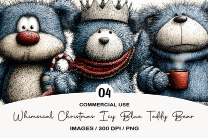 Whimsical Christmas Icy Blue Teddy Bear PNG