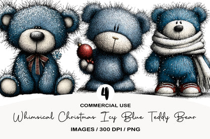 Whimsical Christmas Icy Blue Teddy Bear PNG