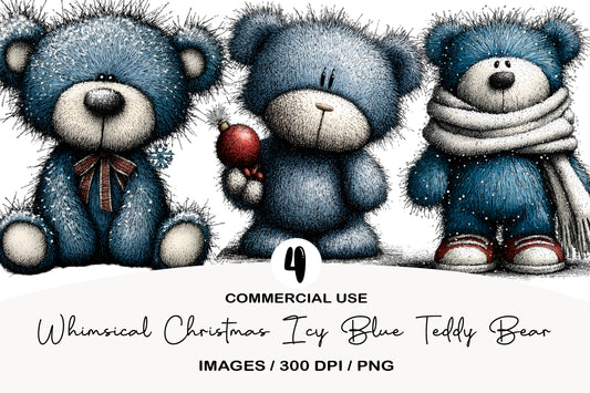 Whimsical Christmas Icy Blue Teddy Bear PNG