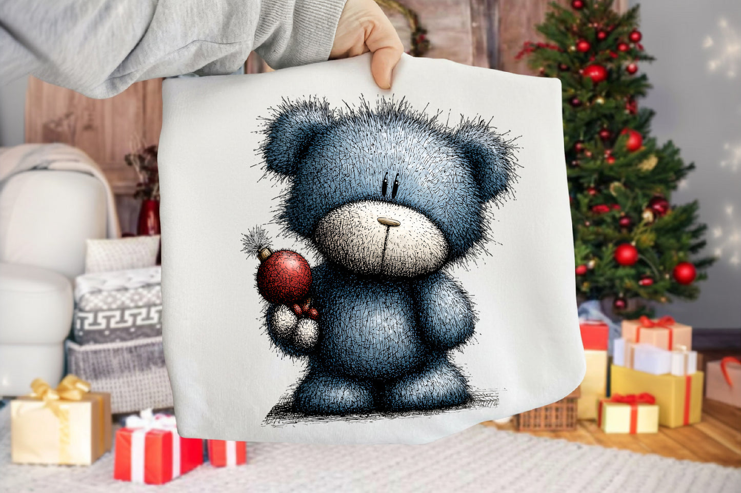 Whimsical Christmas Icy Blue Teddy Bear PNG