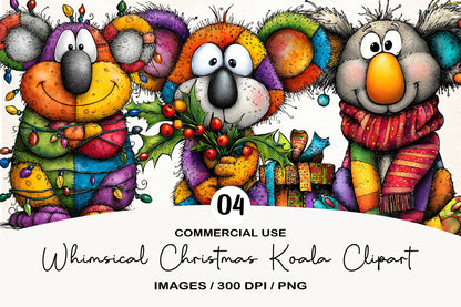 Whimsical Christmas Koala Clipart PNG Bundle | Cute Watercolor Holiday Koala Clipart | Festive Winter Koala PNG