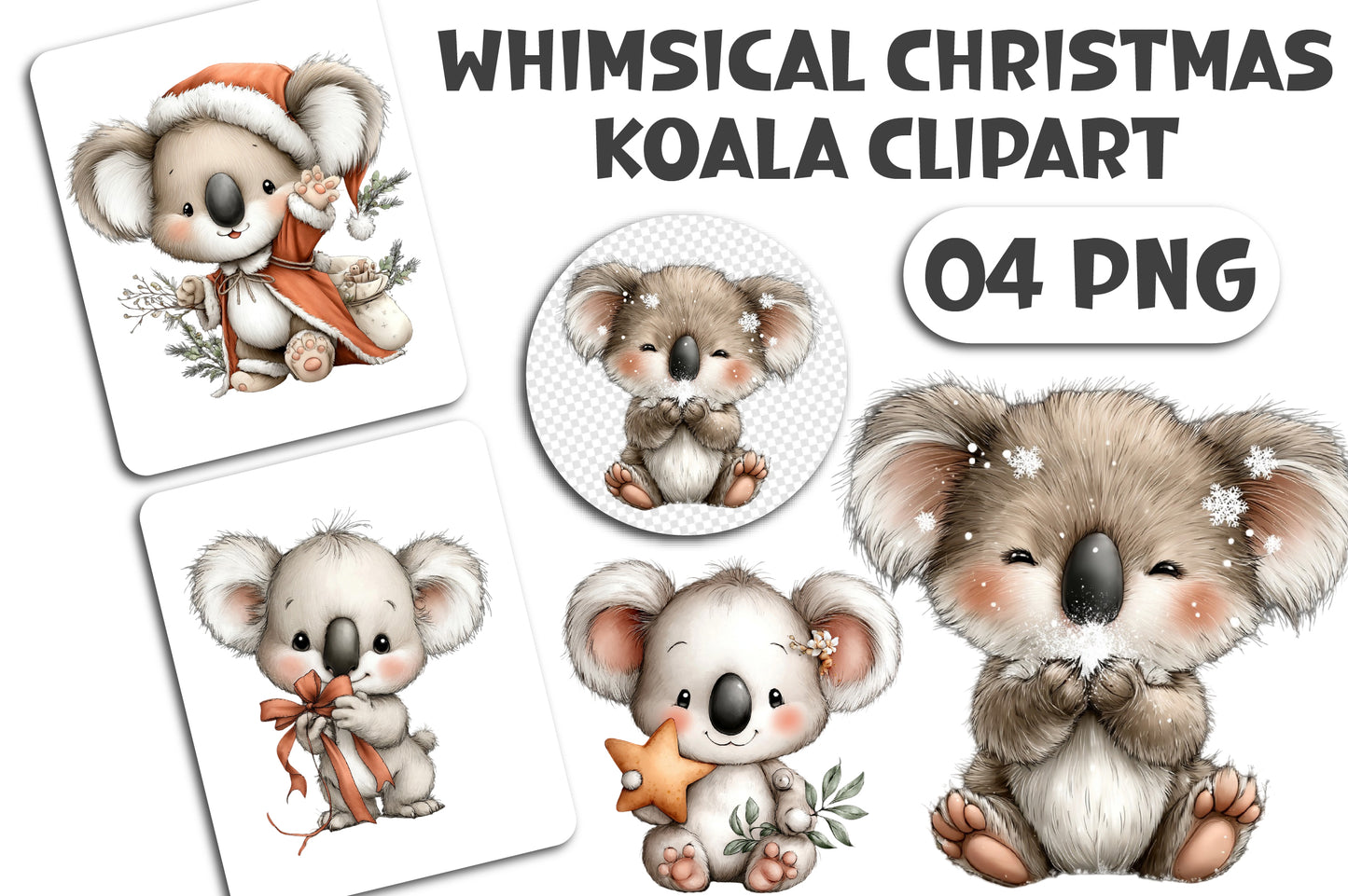Whimsical Christmas Koala Clipart PNG Bundle