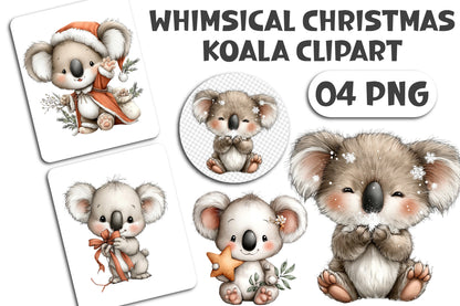 Whimsical Christmas Koala Clipart PNG Bundle