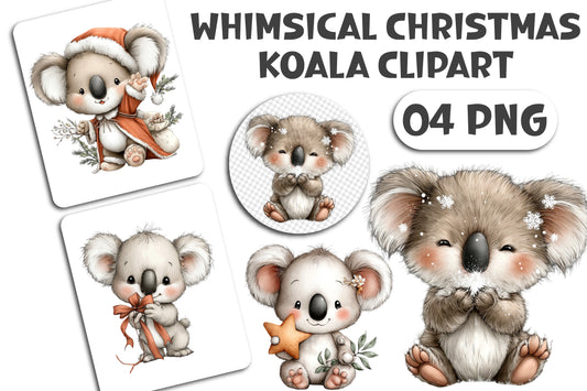 Whimsical Christmas Koala Clipart PNG Bundle
