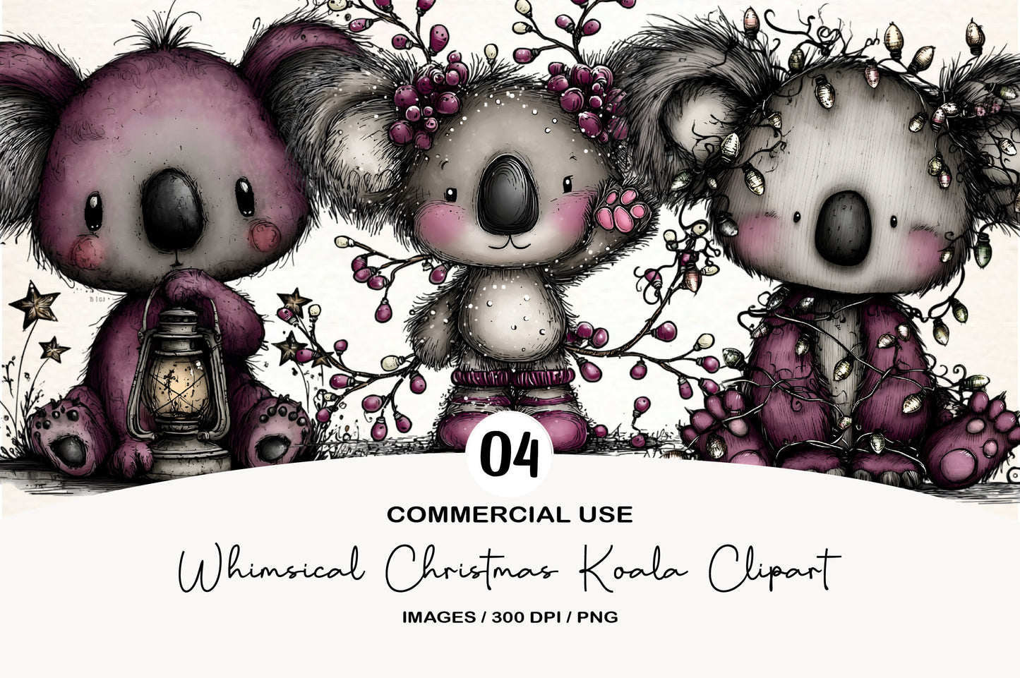 Whimsical Christmas Koala Clipart PNG Bundle | Cute Watercolor Holiday Koala Clipart | Festive Winter Koala PNG