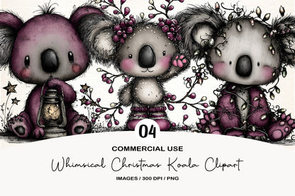 Whimsical Christmas Koala Clipart PNG Bundle | Cute Watercolor Holiday Koala Clipart | Festive Winter Koala PNG