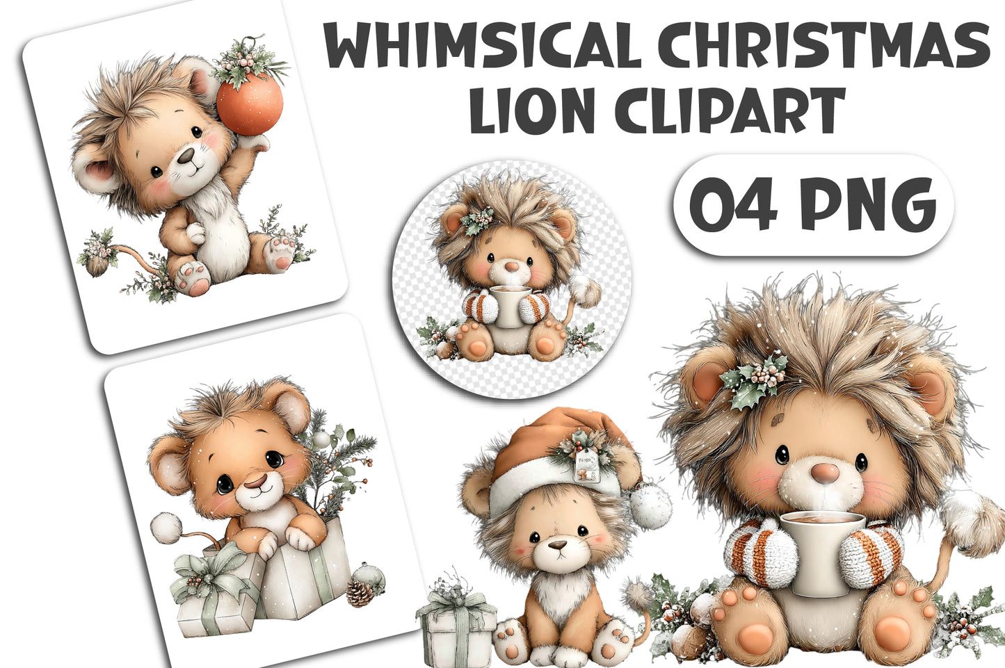 Whimsical Christmas Lion Clipart PNG Bundle
