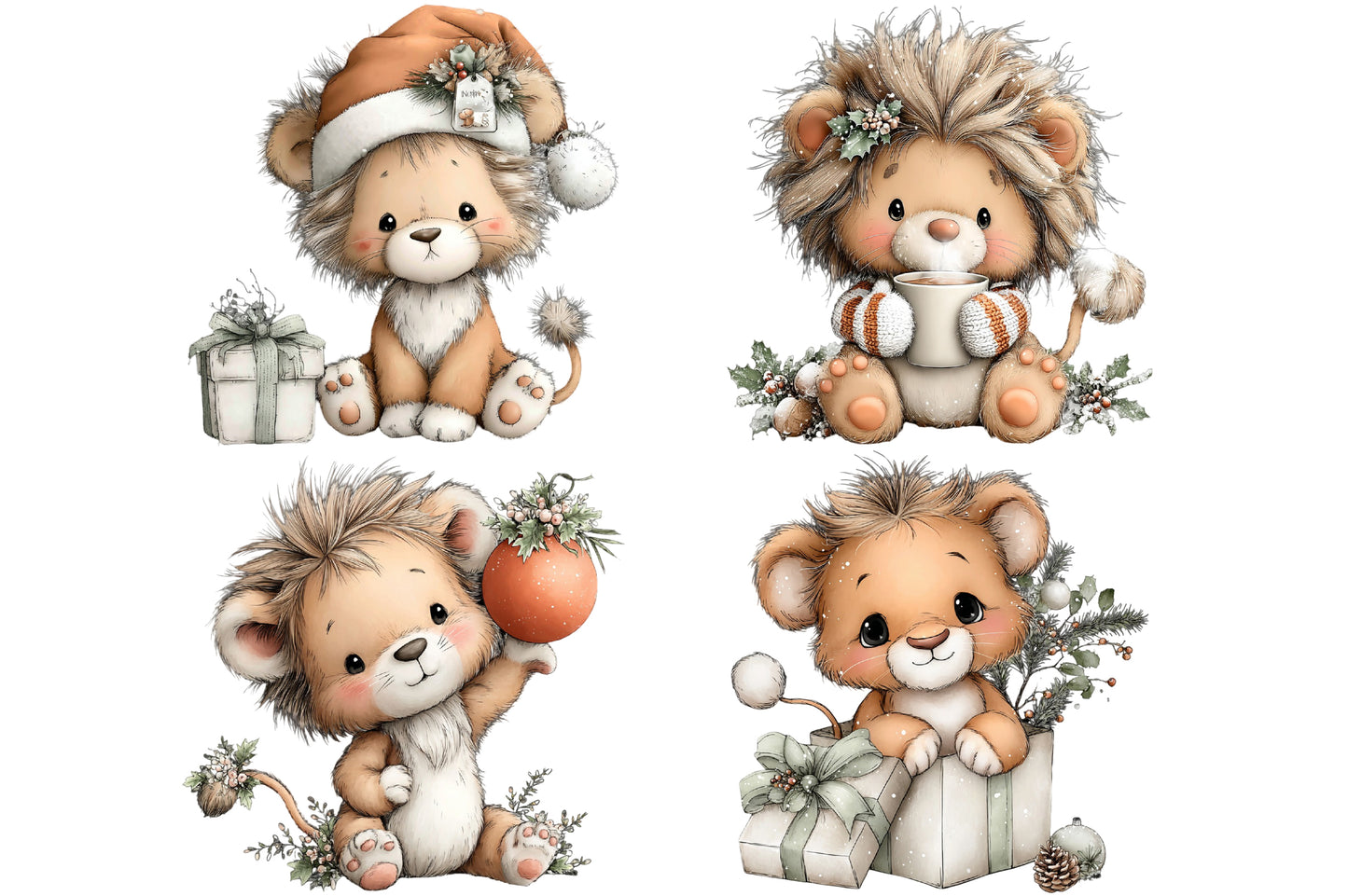 Whimsical Christmas Lion Clipart PNG Bundle