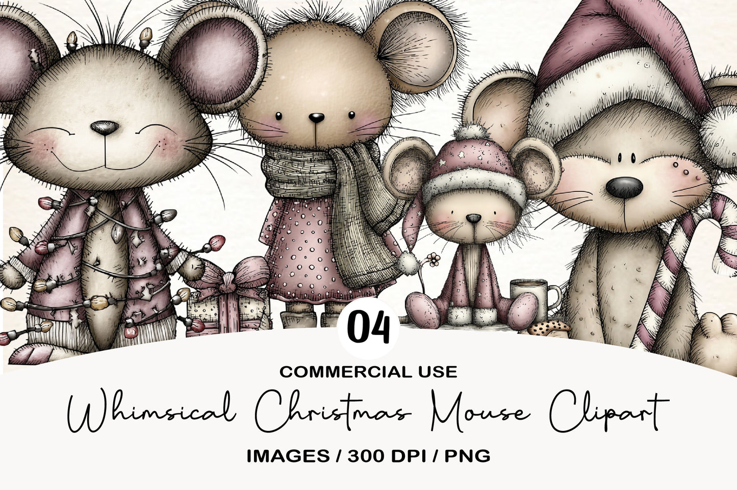 Whimsical Christmas Mouse Clipart PNG Bundle | Cute Watercolor Holiday Mouse Clipart | Festive Winter Mouse PNG