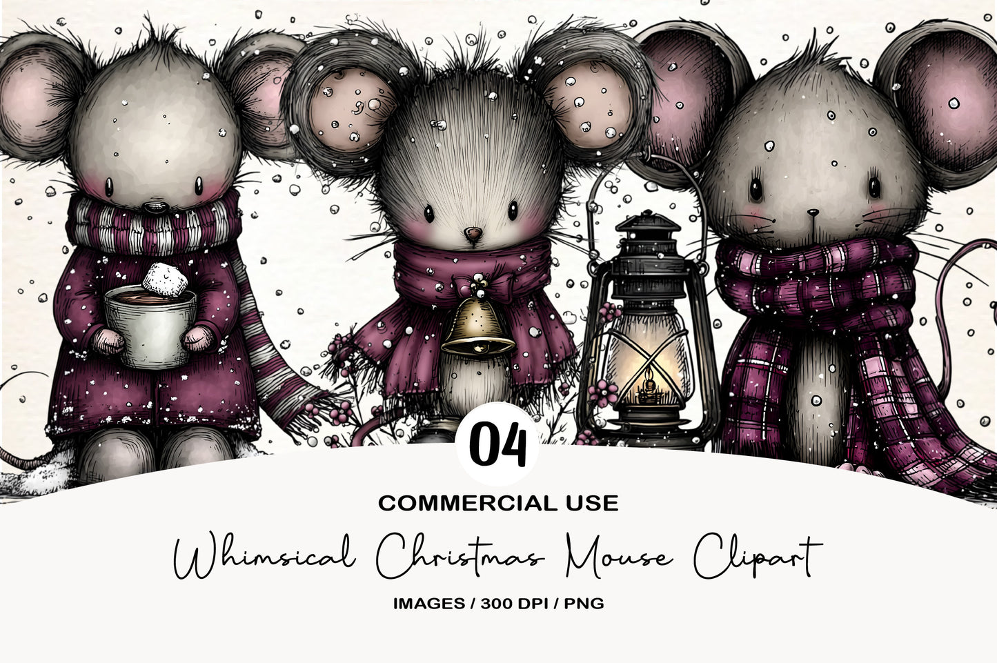 Whimsical Christmas Mouse Clipart PNG Bundle | Cute Watercolor Holiday Mouse Clipart | Festive Winter Mouse PNG
