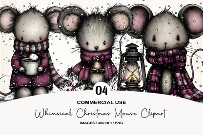 Whimsical Christmas Mouse Clipart PNG Bundle | Cute Watercolor Holiday Mouse Clipart | Festive Winter Mouse PNG