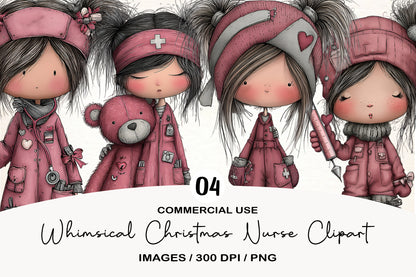 Whimsical Christmas Nurse Clipart PNG | Cute Nurse