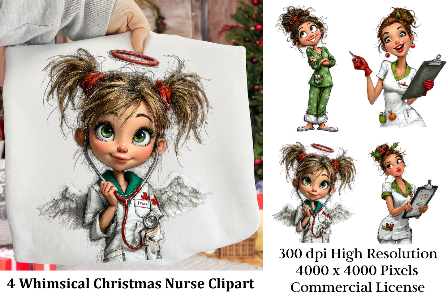 Whimsical Christmas Nurse Clipart PNG – 4 Designs