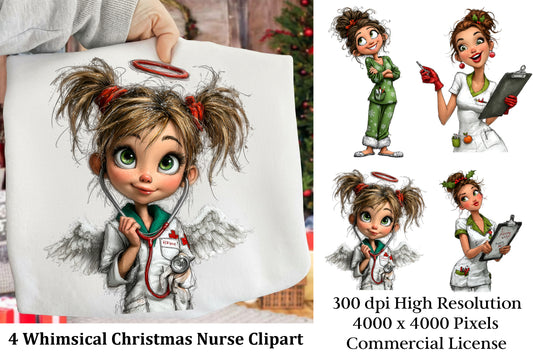 Whimsical Christmas Nurse Clipart PNG – 4 Designs