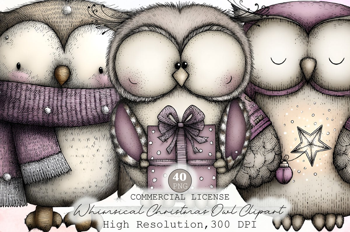 Whimsical Christmas Owl Clipart Cute Holiday Owl PNG Bundle