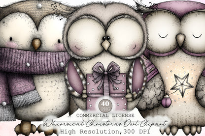 Whimsical Christmas Owl Clipart Cute Holiday Owl PNG Bundle