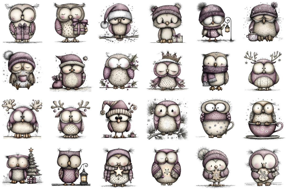 Whimsical Christmas Owl Clipart Cute Holiday Owl PNG Bundle
