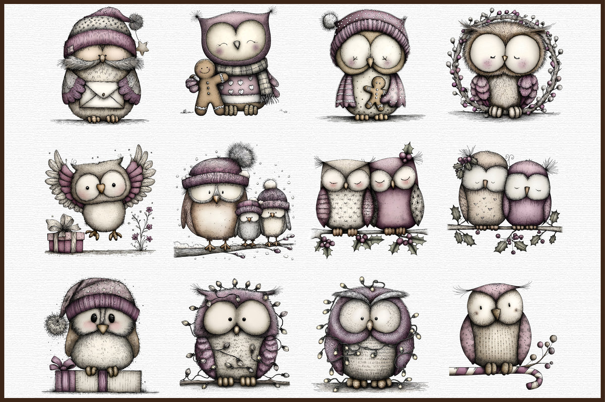 Whimsical Christmas Owl Clipart Cute Holiday Owl PNG Bundle