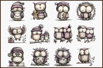 Whimsical Christmas Owl Clipart Cute Holiday Owl PNG Bundle
