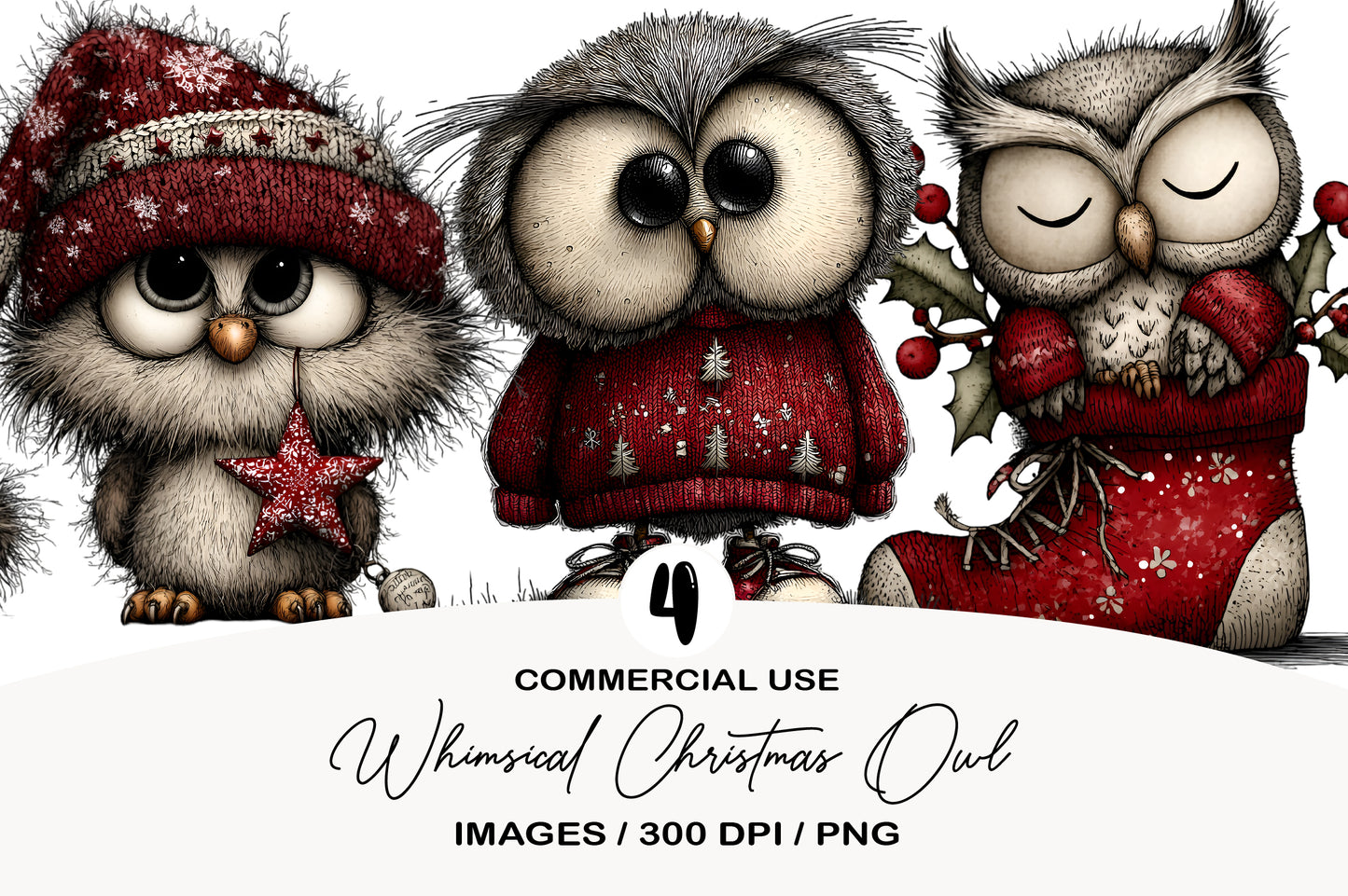 Whimsical Christmas Owl Clipart PNG Bundle | Cute Watercolor Holiday Owl Clipart | Festive Winter Owl PNG