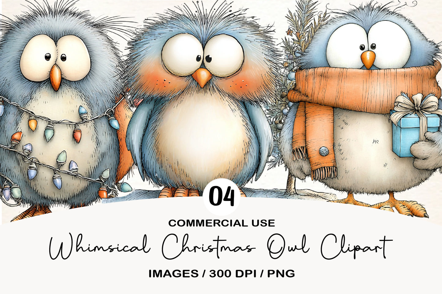 Whimsical Christmas Owl Clipart PNG Bundle | Cute Watercolor Holiday Owl Clipart | Festive Winter Owl PNG