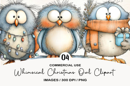 Whimsical Christmas Owl Clipart PNG Bundle | Cute Watercolor Holiday Owl Clipart | Festive Winter Owl PNG
