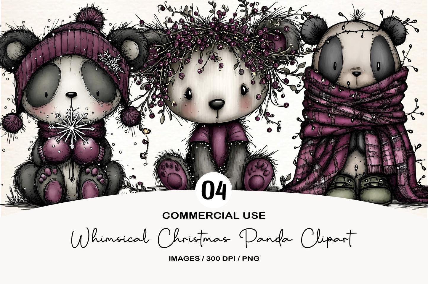 Whimsical Christmas Panda Clipart PNG Bundle | Cute Watercolor Holiday Panda Clipart | Festive Winter Panda PNG