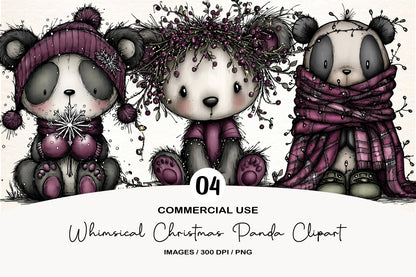 Whimsical Christmas Panda Clipart PNG Bundle | Cute Watercolor Holiday Panda Clipart | Festive Winter Panda PNG