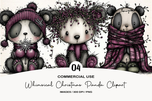 Whimsical Christmas Panda Clipart PNG Bundle | Cute Watercolor Holiday Panda Clipart | Festive Winter Panda PNG