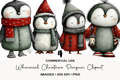 Whimsical Christmas Penguin Clipart PNG Sublimation