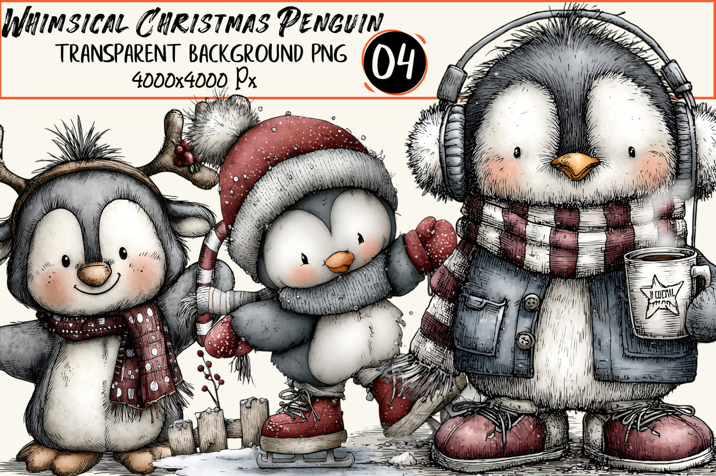 Whimsical Christmas Penguin Clipart PNG – 4 Designs