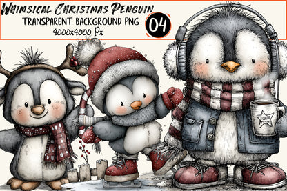 Whimsical Christmas Penguin Clipart PNG – 4 Designs