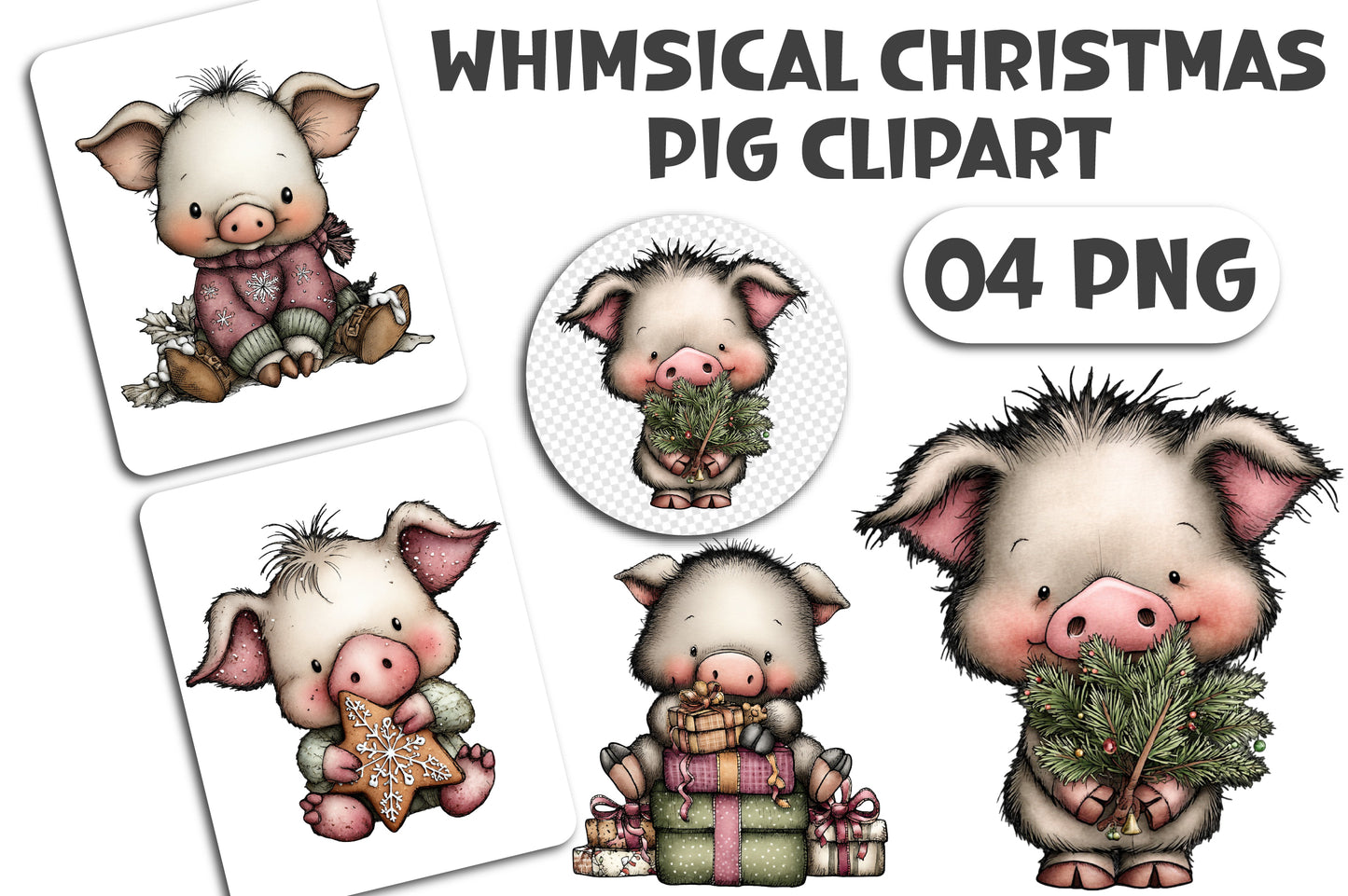 Whimsical Christmas Pig Clipart PNG Bundle