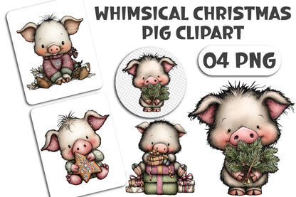 Whimsical Christmas Pig Clipart PNG Bundle
