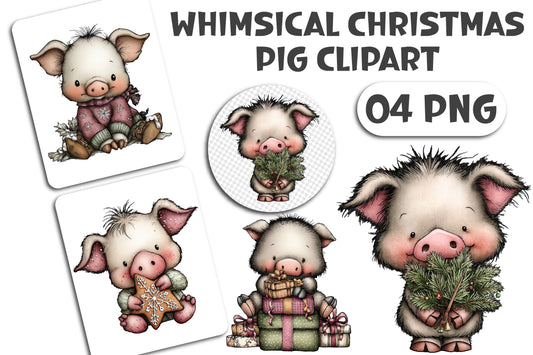 Whimsical Christmas Pig Clipart PNG Bundle
