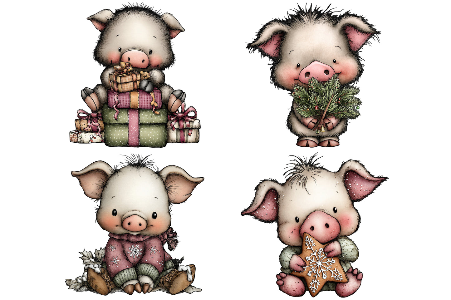 Whimsical Christmas Pig Clipart PNG Bundle