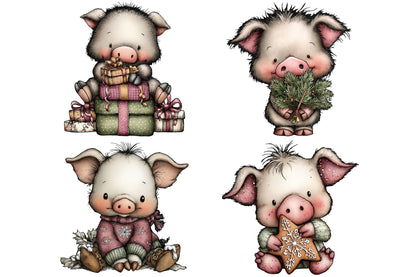 Whimsical Christmas Pig Clipart PNG Bundle