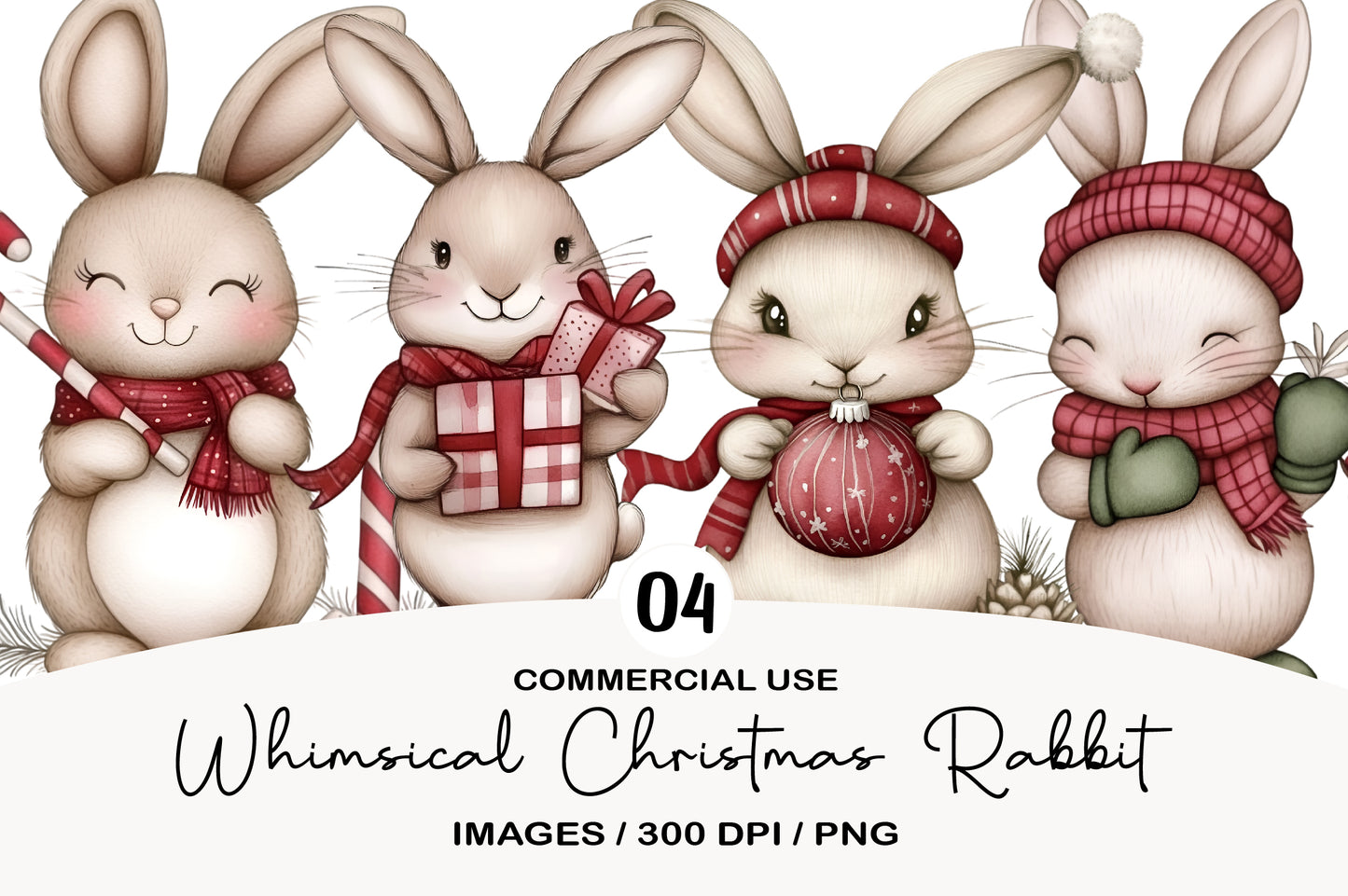Whimsical Christmas Rabbit Clipart PNG Bundle | Cute Watercolor Holiday Bunny Clipart | Festive Winter Rabbit PNG
