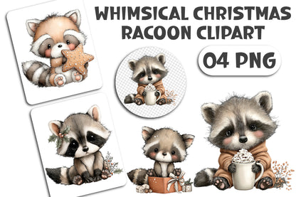 Whimsical Christmas Raccoon Clipart PNG Bundle