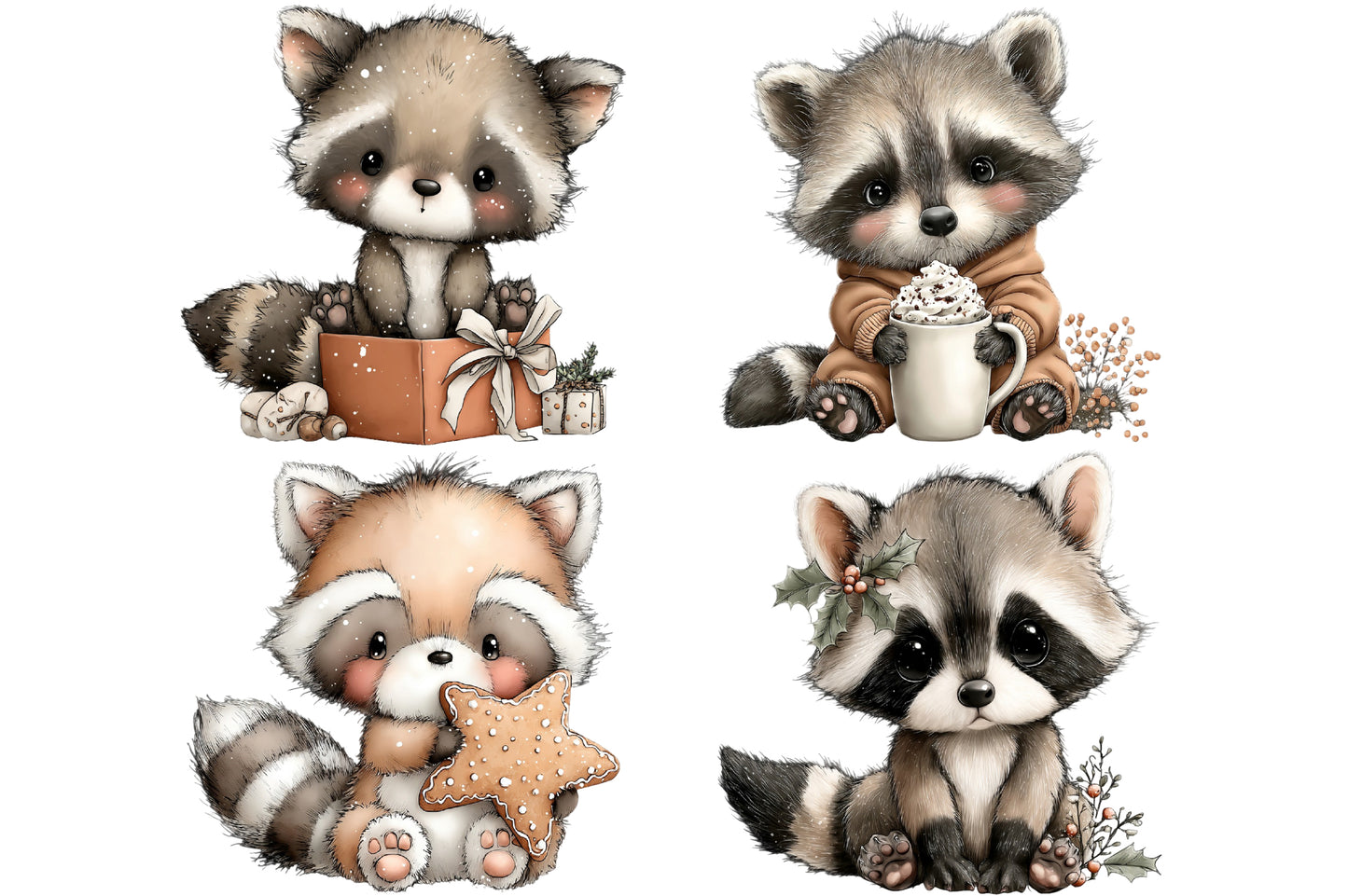 Whimsical Christmas Raccoon Clipart PNG Bundle