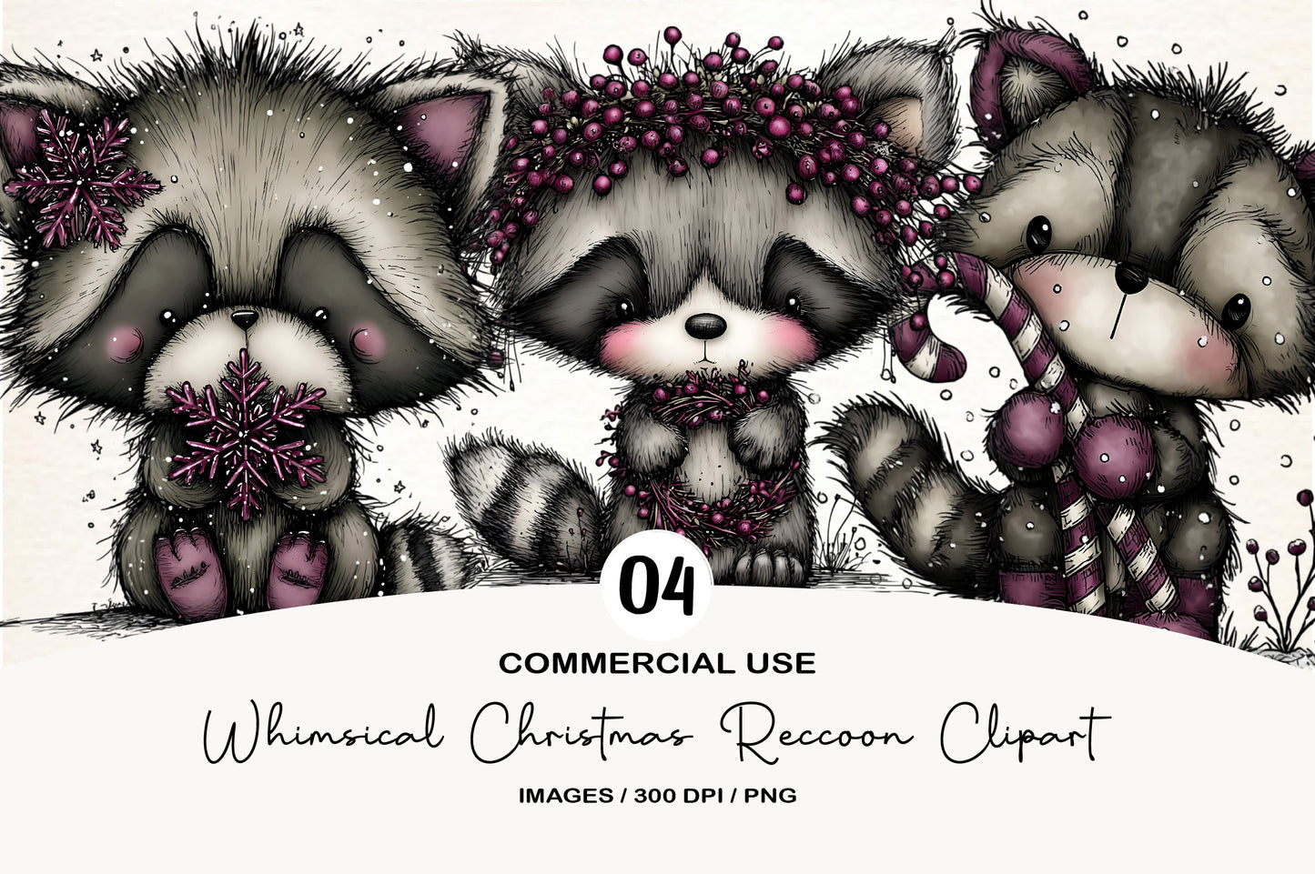Whimsical Christmas Raccoon Clipart PNG Bundle | Cute Watercolor Holiday Raccoon Clipart | Festive Woodland Raccoon PNG