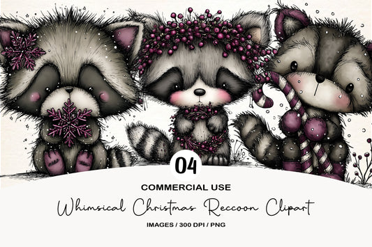 Whimsical Christmas Raccoon Clipart PNG Bundle | Cute Watercolor Holiday Raccoon Clipart | Festive Woodland Raccoon PNG