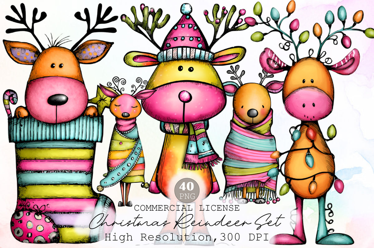 Whimsical Christmas Reindeer Clipart Cute Holiday Reindeer PNG Bundle