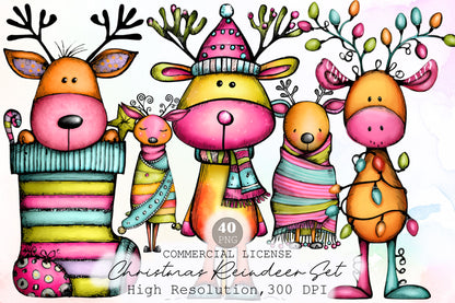 Whimsical Christmas Reindeer Clipart Cute Holiday Reindeer PNG Bundle