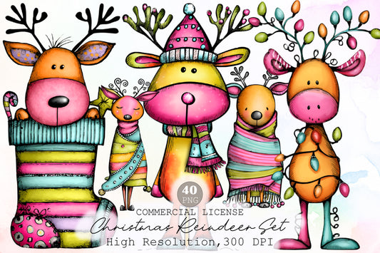 Whimsical Christmas Reindeer Clipart Cute Holiday Reindeer PNG Bundle