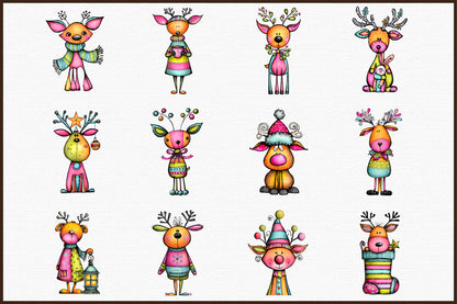 Whimsical Christmas Reindeer Clipart Cute Holiday Reindeer PNG Bundle